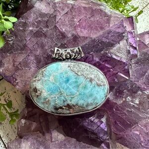 Larimar 925 Sterling Silver Plated Oval Raw Pendant Blue Brown Gray